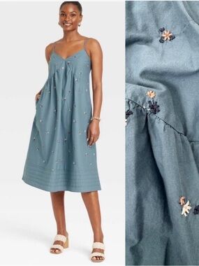 Embroidered Cotton Dress Blue Floral Sleeveless Spaghetti S Universal Thread